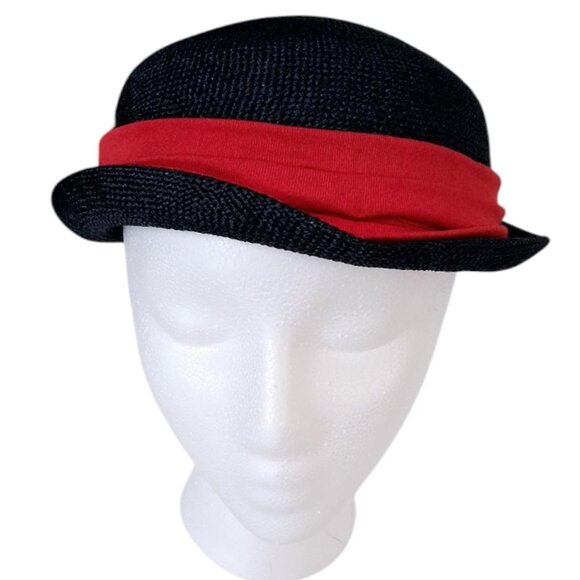 Mid-Century "Ellen Jane" Navy Blue Straw Derby Style Hat w/Red Ribbon Trim - Picture 6 of 11